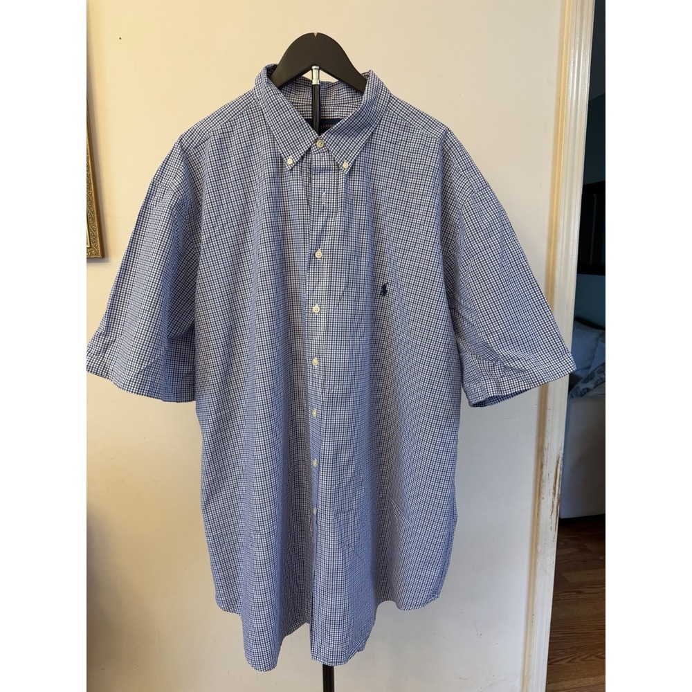 Ralph Lauren Shirt Mens 3XLT Blue White Gingham Classic Fit Short Sleeve Oxford